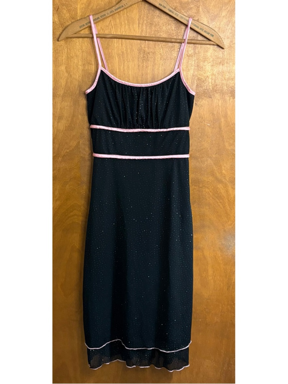 Vintage 90s Y2K Glitter Midi Slip Dress Black Pink Milkmaid Sheer Mesh Formal